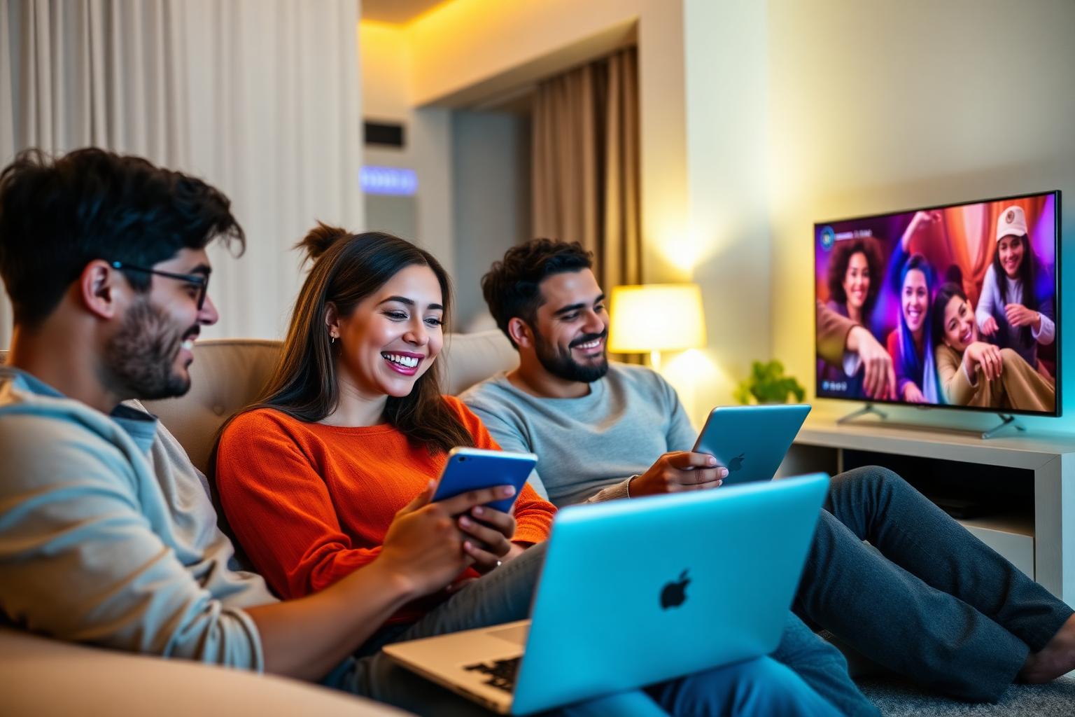 Família conectada com internet fibra Wi-Fi 6